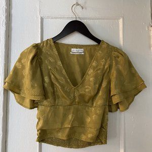 UO Webster Jacquard Flutter Sleeve Top